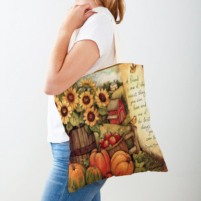 Ρετρό Rural Watercolor Pumpkin Τσάντα Shopper Τσάντα και στις δύο όψεις Cartoon House Tote Casual Lady Canvas Γυναικείες τσάντες αγορών