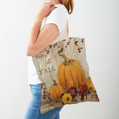 Ρετρό Rural Watercolor Pumpkin Τσάντα Shopper Τσάντα και στις δύο όψεις Cartoon House Tote Casual Lady Canvas Γυναικείες τσάντες αγορών