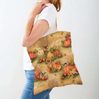 Ρετρό Rural Watercolor Pumpkin Τσάντα Shopper Τσάντα και στις δύο όψεις Cartoon House Tote Casual Lady Canvas Γυναικείες τσάντες αγορών