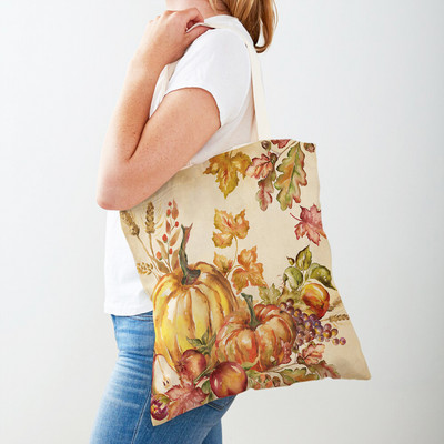Ρετρό Rural Watercolor Pumpkin Τσάντα Shopper Τσάντα και στις δύο όψεις Cartoon House Tote Casual Lady Canvas Γυναικείες τσάντες αγορών