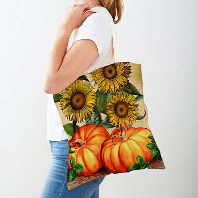 Ρετρό Rural Watercolor Pumpkin Τσάντα Shopper Τσάντα και στις δύο όψεις Cartoon House Tote Casual Lady Canvas Γυναικείες τσάντες αγορών
