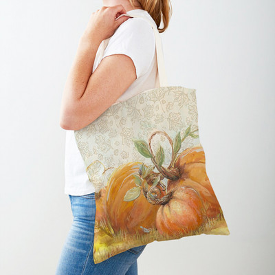 Ρετρό Rural Watercolor Pumpkin Τσάντα Shopper Τσάντα και στις δύο όψεις Cartoon House Tote Casual Lady Canvas Γυναικείες τσάντες αγορών
