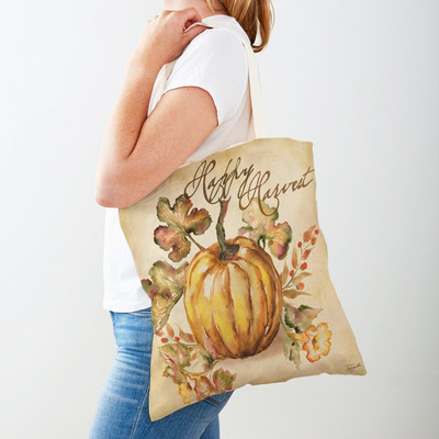 Ρετρό Rural Watercolor Pumpkin Τσάντα Shopper Τσάντα και στις δύο όψεις Cartoon House Tote Casual Lady Canvas Γυναικείες τσάντες αγορών
