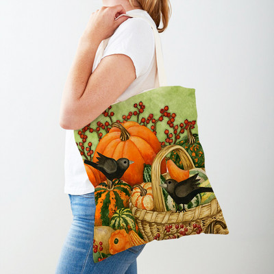 Ρετρό Rural Watercolor Pumpkin Τσάντα Shopper Τσάντα και στις δύο όψεις Cartoon House Tote Casual Lady Canvas Γυναικείες τσάντες αγορών