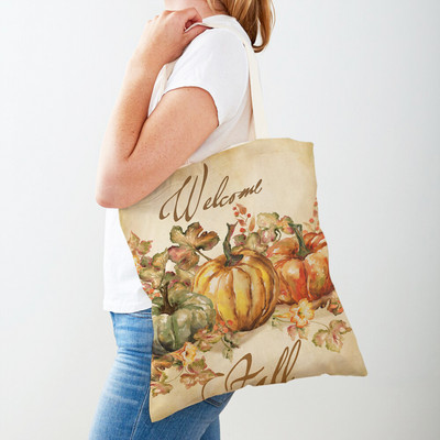 Ρετρό Rural Watercolor Pumpkin Τσάντα Shopper Τσάντα και στις δύο όψεις Cartoon House Tote Casual Lady Canvas Γυναικείες τσάντες αγορών