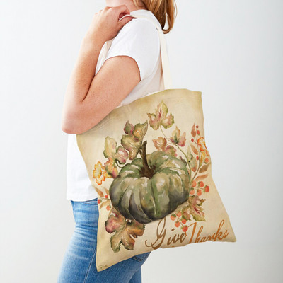 Ρετρό Rural Watercolor Pumpkin Τσάντα Shopper Τσάντα και στις δύο όψεις Cartoon House Tote Casual Lady Canvas Γυναικείες τσάντες αγορών