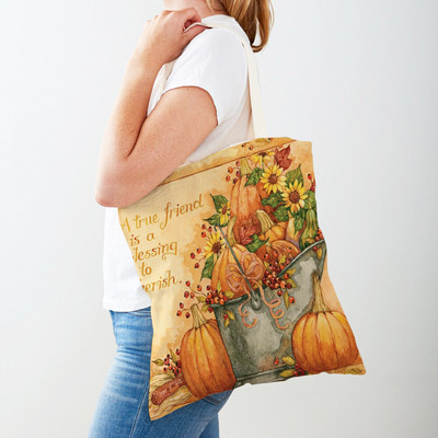 Ρετρό Rural Watercolor Pumpkin Τσάντα Shopper Τσάντα και στις δύο όψεις Cartoon House Tote Casual Lady Canvas Γυναικείες τσάντες αγορών