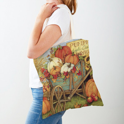 Ρετρό Rural Watercolor Pumpkin Τσάντα Shopper Τσάντα και στις δύο όψεις Cartoon House Tote Casual Lady Canvas Γυναικείες τσάντες αγορών