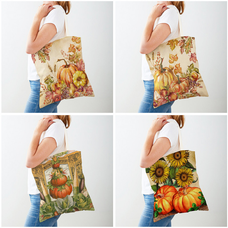 Geantă de cumpărături cu dovleac acuarelă retro, rurală, geantă de mână, genți de cumpărături pentru femei, pe ambele fețe