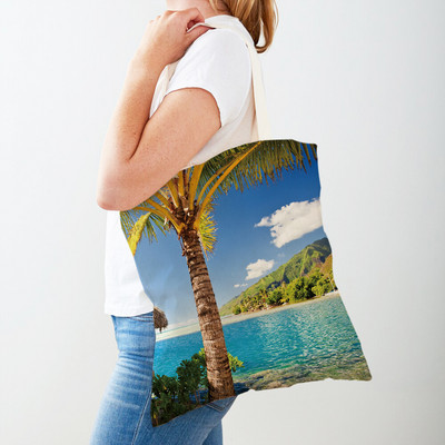 Country Coconut Tree Gyönyörű táj Női alkalmi bevásárlótáska Rajzfilm Beach Újrafelhasználható Összecsukható vászon Női kézitáskák