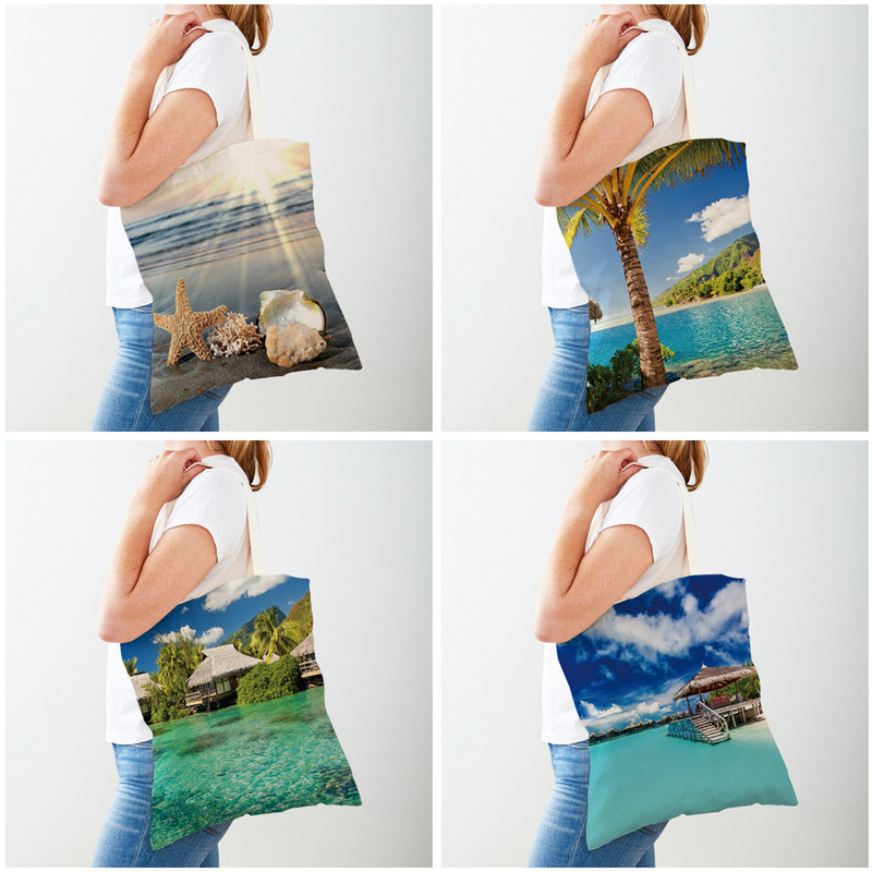 Country Coconut Tree Beautiful Scenery Дамска ежедневна пазарска чанта Cartoon Beach Многократно сгъваеми платнени дамски чанти