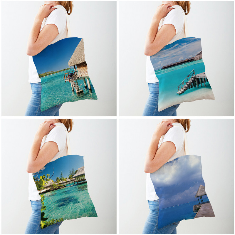 Country Coconut Tree Beautiful Scenery Дамска ежедневна пазарска чанта Cartoon Beach Многократно сгъваеми платнени дамски чанти