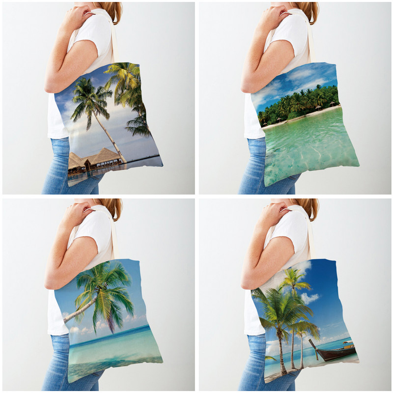 Country Coconut Tree Beautiful Scenery Дамска ежедневна пазарска чанта Cartoon Beach Многократно сгъваеми платнени дамски чанти