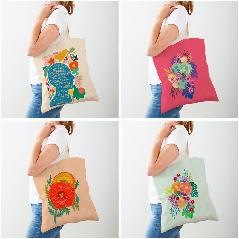 Monet Anatomy Flower Women Shopping Bags Double Print Decor Floral Plant Ежедневна платнена чанта през рамо за детска чанта за пазаруване