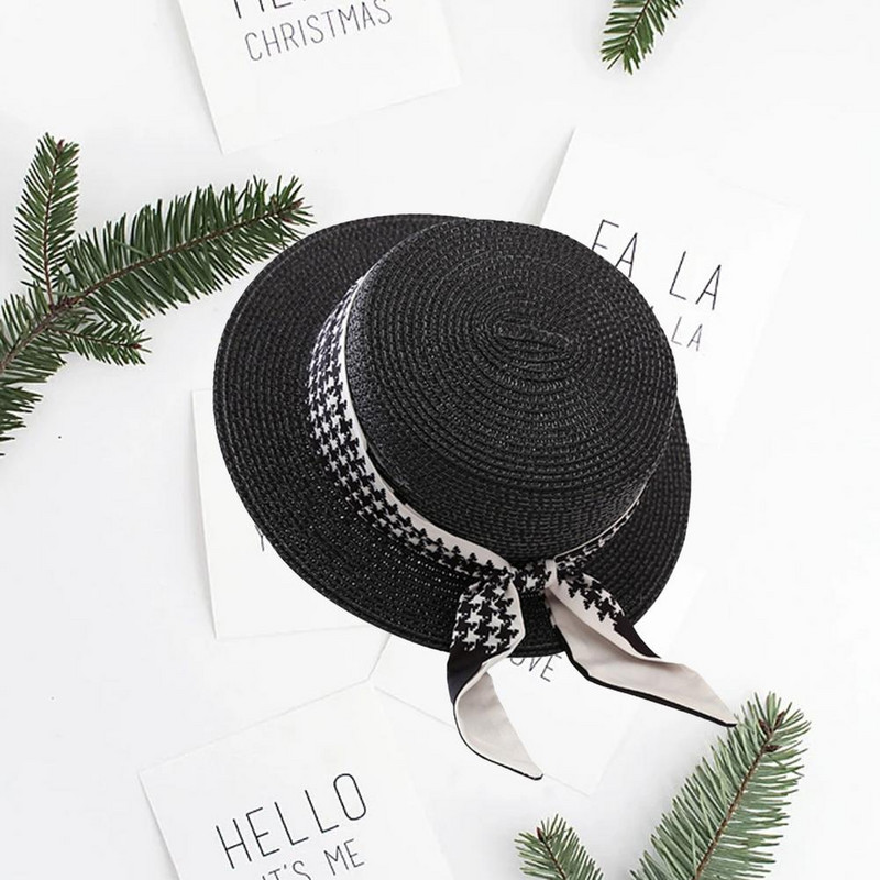 Дамска сламена шапка Панделка с дантелен декор Плосък купол Слънчева шапка Широка периферия Слънцезащитен дамска шапка с кофа Модни аксесоари за открито