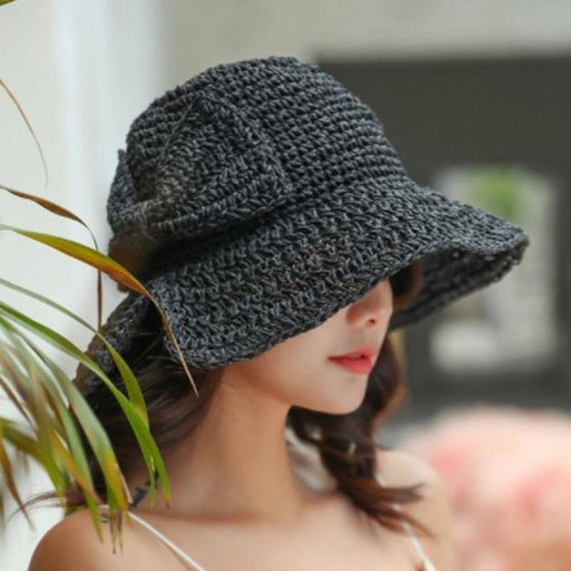 Дамска сламена шапка с лък с възел Декор Дамска лятна шапка Едноцветна шапка с извити ръбове Сгъваема декоративна ваканционна рибарска шапка