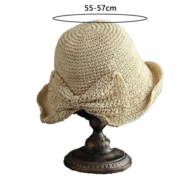 Дамска сламена шапка с лък с възел Декор Дамска лятна шапка Едноцветна шапка с извити ръбове Сгъваема декоративна ваканционна рибарска шапка