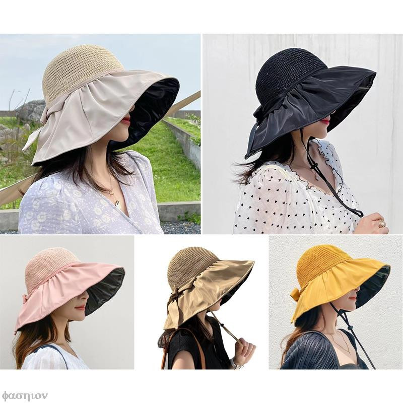 Pălărie de paie goală Protecție UV cu boruri mari Cremă solară pentru față Pălării cu găleată de soare Pălării de soare pentru femei Vară Lipici negru Fundă Femei Panama