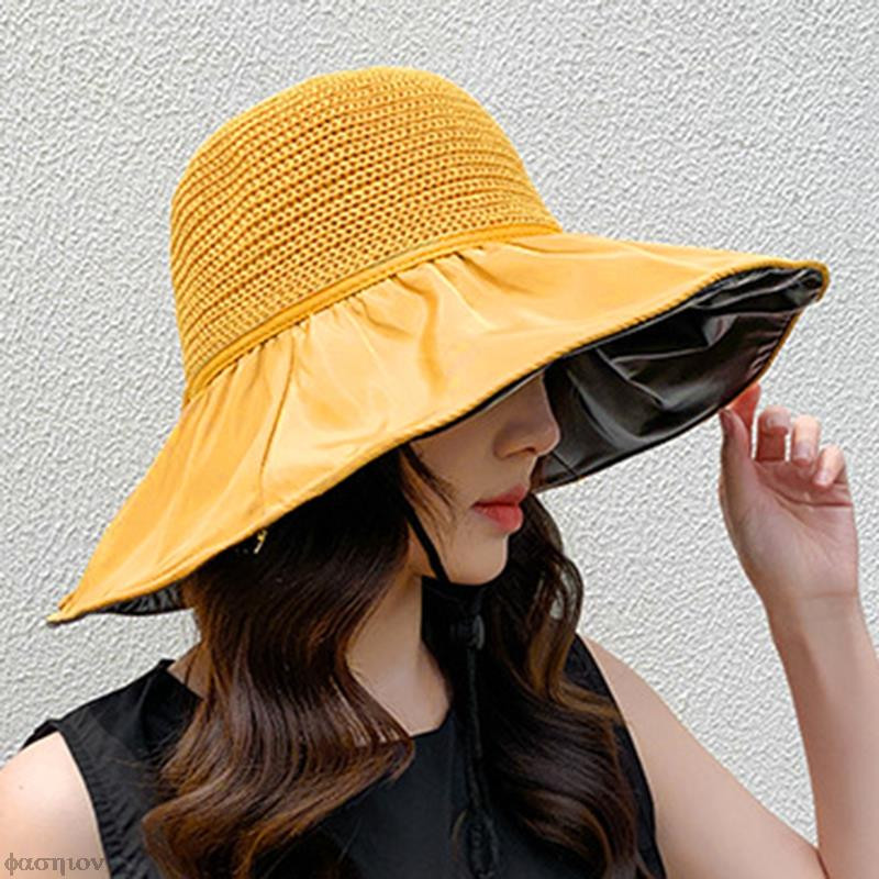Pălărie de paie goală Protecție UV cu boruri mari Cremă solară pentru față Pălării cu găleată de soare Pălării de soare pentru femei Vară Lipici negru Fundă Femei Panama