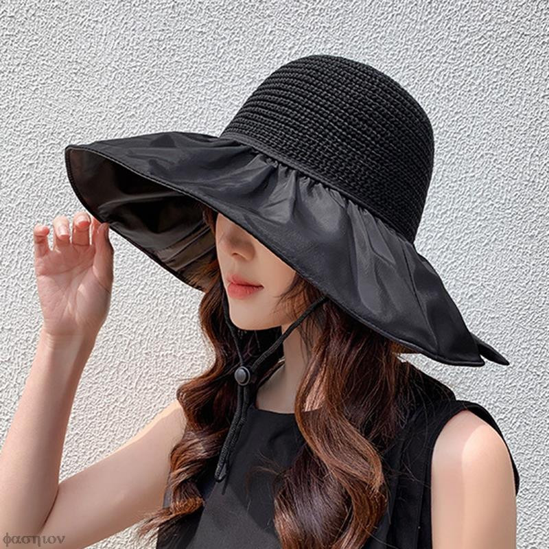Pălărie de paie goală Protecție UV cu boruri mari Cremă solară pentru față Pălării cu găleată de soare Pălării de soare pentru femei Vară Lipici negru Fundă Femei Panama