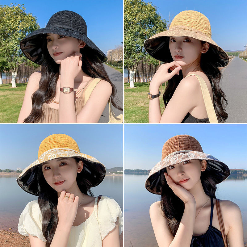 Корейска версия на дантелена винилова UV дантелена слънцезащитна шапка с кофа Дамска лятна ваканционна сладка каишка с лък с голяма периферия Сгъваема шапка за слънце