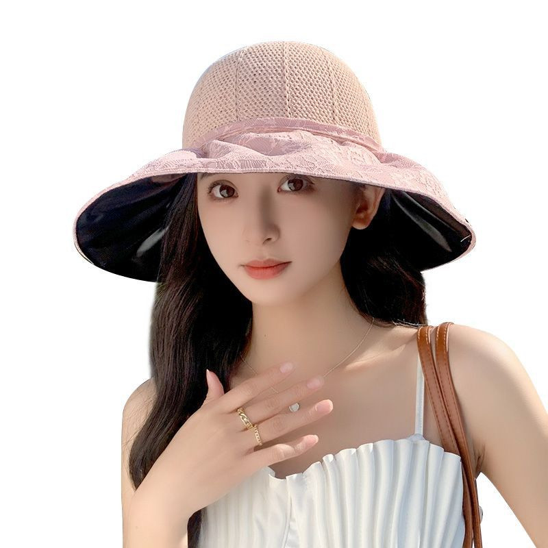 Корейска версия на дантелена винилова UV дантелена слънцезащитна шапка с кофа Дамска лятна ваканционна сладка каишка с лък с голяма периферия Сгъваема шапка за слънце