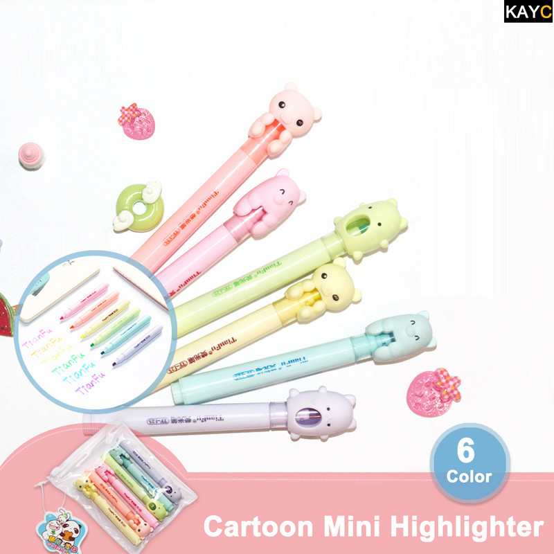 Fancy Bear Highlighters Kawaii Канцеларски материали 6 бр. Сладък флуоресцентен хайлайтър Комплект химикалки Ученически пособия Подарък за деца Ученици