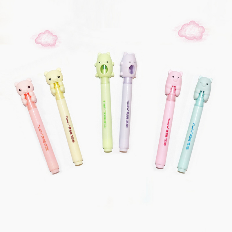 Fancy Bear Highlighters Kawaii Канцеларски материали 6 бр. Сладък флуоресцентен хайлайтър Комплект химикалки Ученически пособия Подарък за деца Ученици