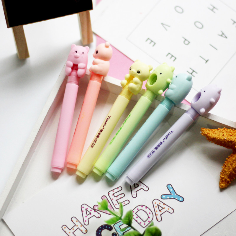 Fancy Bear Highlighters Kawaii Канцеларски материали 6 бр. Сладък флуоресцентен хайлайтър Комплект химикалки Ученически пособия Подарък за деца Ученици