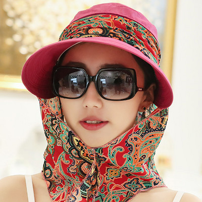 Lady Women Summer Outdoor Hat Riding Anti-UV Sun Hat Beach Αναδιπλούμενο αντηλιακό με λουλουδένια στάμπα Καπέλα λαιμού Πρόσωπο με φαρδύ γείσο