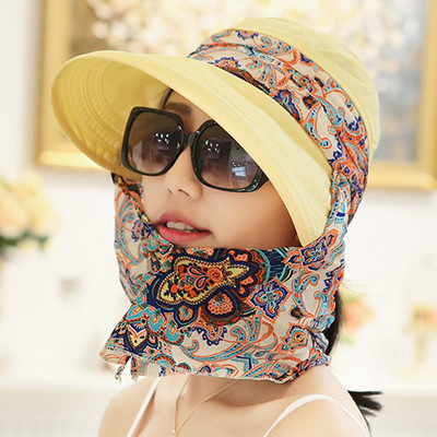Lady Women Summer Outdoor Hat Riding Anti-UV Sun Hat Beach Αναδιπλούμενο αντηλιακό με λουλουδένια στάμπα Καπέλα λαιμού Πρόσωπο με φαρδύ γείσο