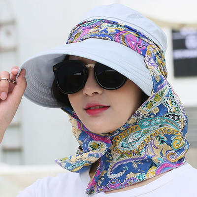 Lady Women Summer Outdoor Hat Riding Anti-UV Sun Hat Beach Αναδιπλούμενο αντηλιακό με λουλουδένια στάμπα Καπέλα λαιμού Πρόσωπο με φαρδύ γείσο