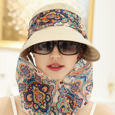 Lady Women Summer Outdoor Hat Riding Anti-UV Sun Hat Beach Αναδιπλούμενο αντηλιακό με λουλουδένια στάμπα Καπέλα λαιμού Πρόσωπο με φαρδύ γείσο