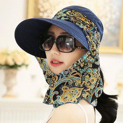 Lady Women Summer Outdoor Hat Riding Anti-UV Sun Hat Beach Αναδιπλούμενο αντηλιακό με λουλουδένια στάμπα Καπέλα λαιμού Πρόσωπο με φαρδύ γείσο