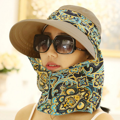 Lady Women Summer Outdoor Hat Riding Anti-UV Sun Hat Beach Αναδιπλούμενο αντηλιακό με λουλουδένια στάμπα Καπέλα λαιμού Πρόσωπο με φαρδύ γείσο