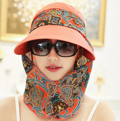 Lady Women Summer Outdoor Hat Riding Anti-UV Sun Hat Beach Αναδιπλούμενο αντηλιακό με λουλουδένια στάμπα Καπέλα λαιμού Πρόσωπο με φαρδύ γείσο