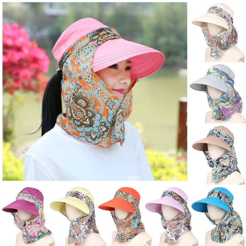 Lady Women Summer Outdoor Hat Riding Anti-UV Sun Hat Beach Foldable Sunscreen Floral Print Caps Neck Face Wide Brim Hat