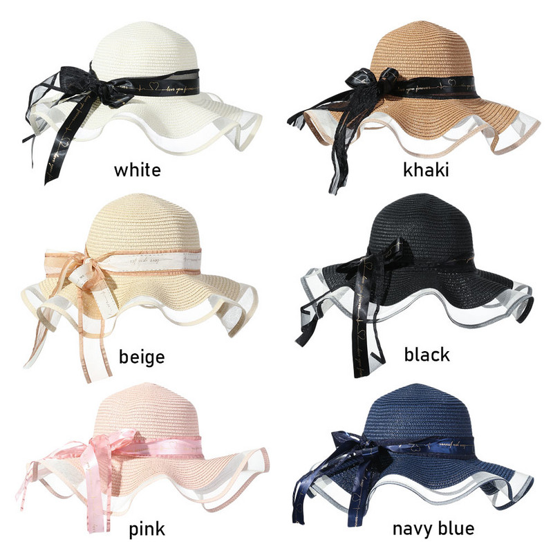 Femei Protectie UV cu boruri late Fundita Panglici Vizieri de voiaj Șapcă de paie Pălărie de plajă Pălărie de soare