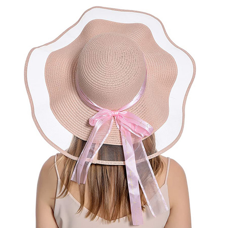 Femei Protectie UV cu boruri late Fundita Panglici Vizieri de voiaj Șapcă de paie Pălărie de plajă Pălărie de soare