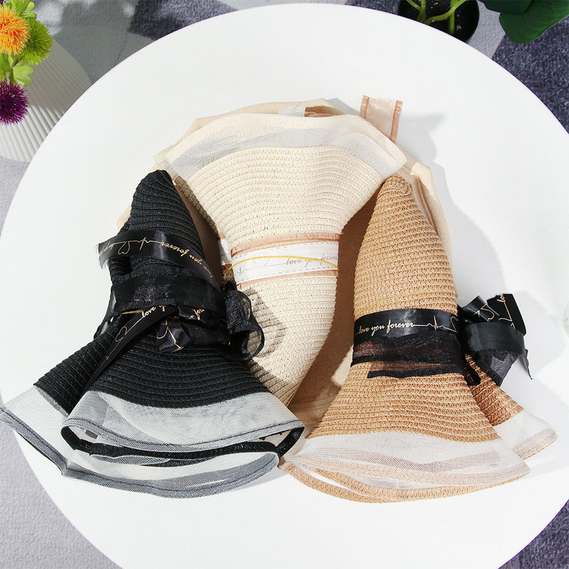 Femei Protectie UV cu boruri late Fundita Panglici Vizieri de voiaj Șapcă de paie Pălărie de plajă Pălărie de soare