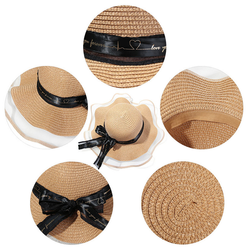 Femei Protectie UV cu boruri late Fundita Panglici Vizieri de voiaj Șapcă de paie Pălărie de plajă Pălărie de soare