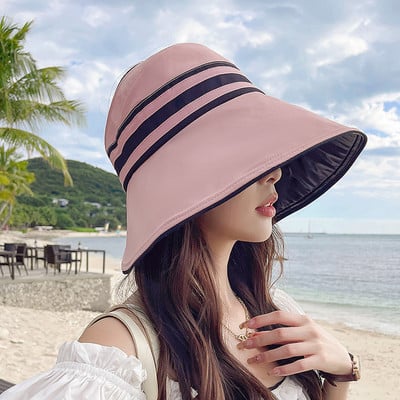Női pamut széles karimájú napellenző sapka UV védelem napvédő sapkák Outdoor Csíkos alkalmi lovaglás futó horgászat lófarok sapka gorros