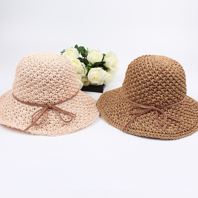 Pălărie de paie respirabilă cu design scobit. Pălării de soare pliabile cu bowknot, lucrate manual japoneze