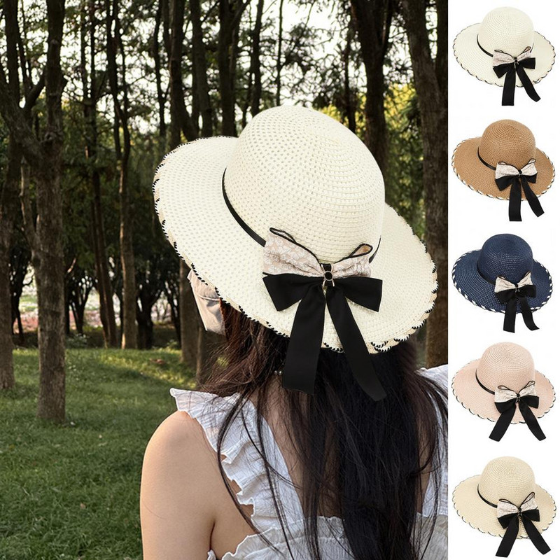 Pălărie de paie pentru femei Decor cu nod cu fundă Pălărie de soare pentru doamnă cu boruri largi, rotundă, protecție solară, șapcă de vară, broderie cu flori, pentru damă.