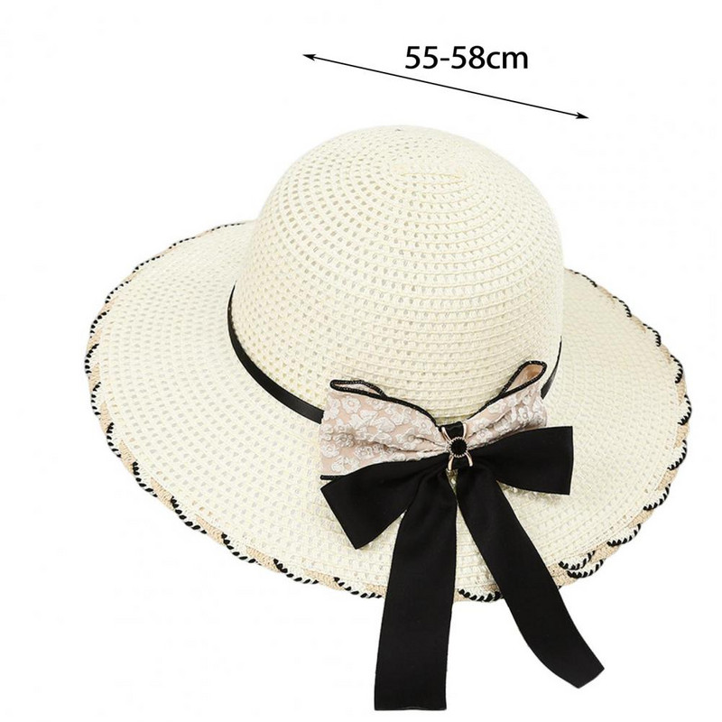 Pălărie de paie pentru femei Decor cu nod cu fundă Pălărie de soare pentru doamnă cu boruri largi, rotundă, protecție solară, șapcă de vară, broderie cu flori, pentru damă.