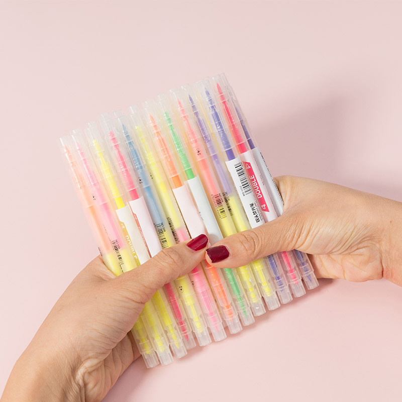 Двустранни хайлайтери с широки и фини върхове Различни цветове Химикалки с двоен връх 6 цвята за студентски класни хайлайтери