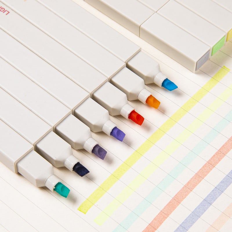 Set de 6 pixuri de evidențiere super moi cu două capete, vârf de pensulă, marker de culoare deschisă, liner pentru pictură, desen, școală de artă F064