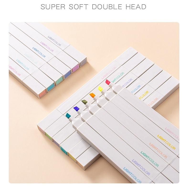 Set de 6 pixuri de evidențiere super moi cu două capete, vârf de pensulă, marker de culoare deschisă, liner pentru pictură, desen, școală de artă F064