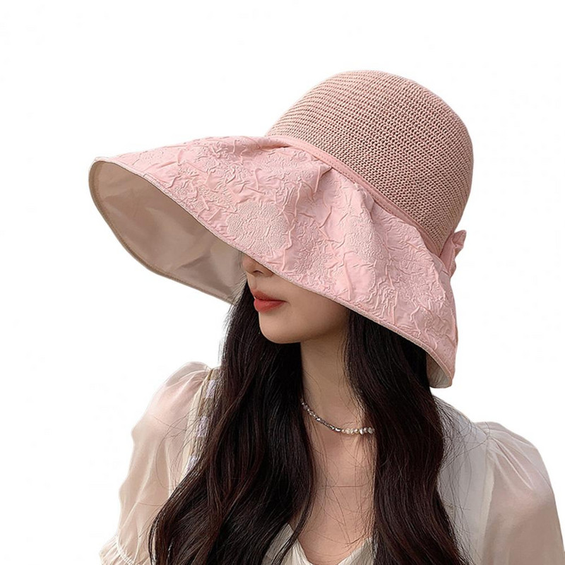 Рибарска шапка с цепка отзад Дамска шапка Външна едноцветна слънчева рибарска шапка с голяма периферия с цепка отзад и бантик Декор Шапка за мивка Дамска