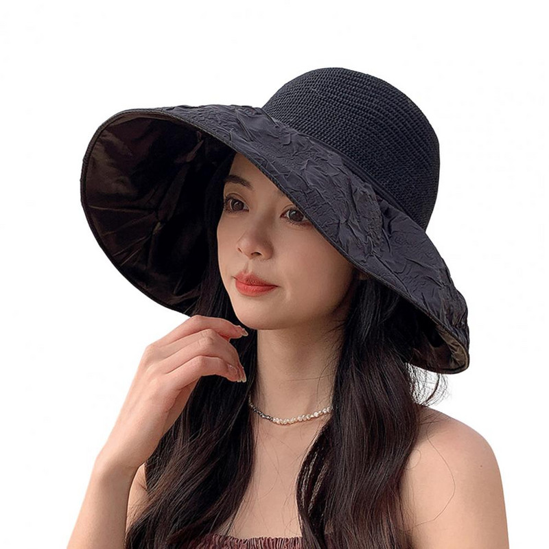 Рибарска шапка с цепка отзад Дамска шапка Външна едноцветна слънчева рибарска шапка с голяма периферия с цепка отзад и бантик Декор Шапка за мивка Дамска